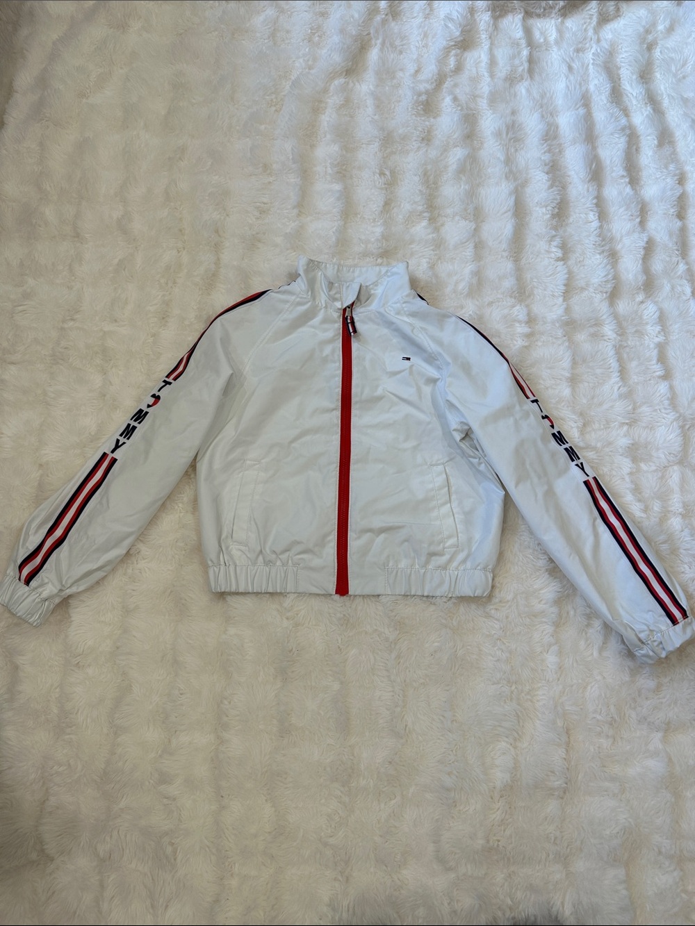 Tommy Hilfiger Kids White Jacket with Red and Navy Stripe Details